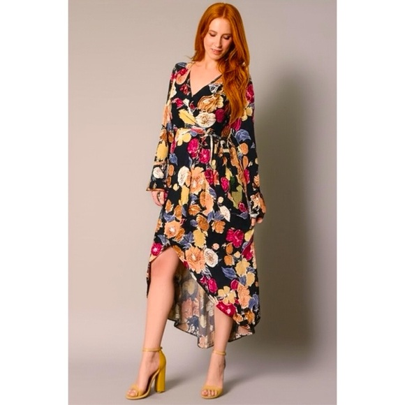 New BAND OF THE FREE Boho Floral Multi Hi-Lo Wrap Maxi Dress Long Sleeve Hippie - Picture 1 of 13